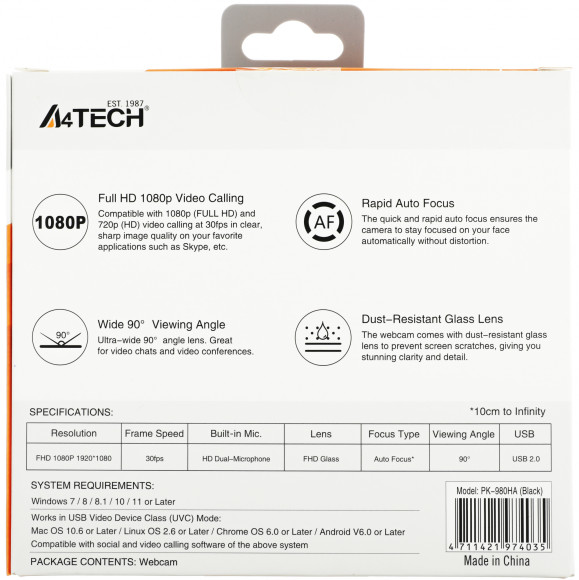 Камера Web A4Tech PK-980HA черный 2Mpix (1920x1080) USB2.0 с микрофоном