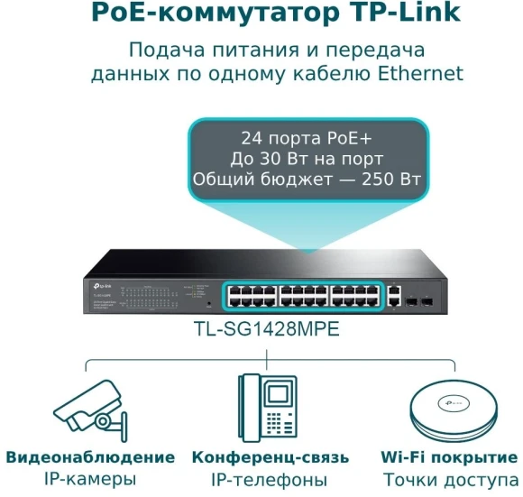 Коммутатор TP-Link JetStream TL-SG1428PE 26x1Гбит/с 2SFP 24PoE+ 250W управляемый Коммутатор TP-Link JetStream TL-SG1428PE 26x1Гбит/с 2SFP 24PoE+ 250W управляемый