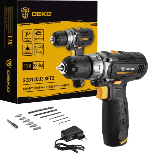 Дрель-шуруповерт Deko GCD12DU3 SET2 FU-Li-Ion аккум. патрон:быстрозажимной (063-4146) Дрель-шуруповерт Deko GCD12DU3 SET2 FU-Li-Ion аккум. патрон:быстрозажимной (063-4146)