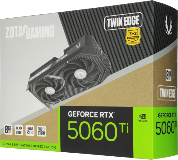Видеокарта Zotac PCI-E 5.0 RTX 5060TI 8GB TWIN EDGE NVIDIA GeForce RTX 5060TI 8Gb 128bit GDDR7 2572/28000 HDMIx1 DPx3 HDCP Ret Видеокарта Zotac PCI-E 5.0 RTX 5060TI 8GB TWIN EDGE NVIDIA GeForce RTX 5060TI 8Gb 128bit GDDR7 2572/28000 HDMIx1 DPx3 HDCP Ret