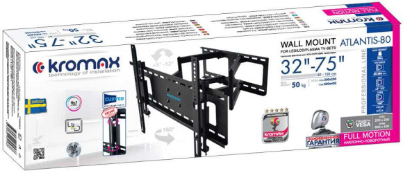 Кронштейн для телевизора Kromax ATLANTIS-80 черный 32"-75" макс.50кг настенный поворотно-выдвижной и наклонный Кронштейн для телевизора Kromax ATLANTIS-80 черный 32"-75" макс.50кг настенный поворотно-выдвижной и наклонный
