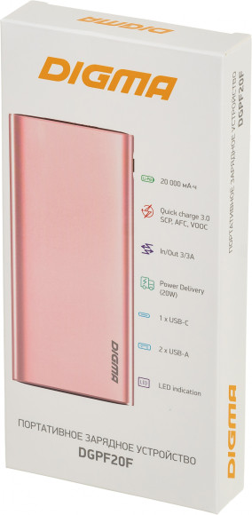 Мобильный аккумулятор Digma DGPF20F 20000mAh QC3.0/PD3.0 22.5W 3A 2xUSB-A/USB-C розовый (DGPF20F22APN)