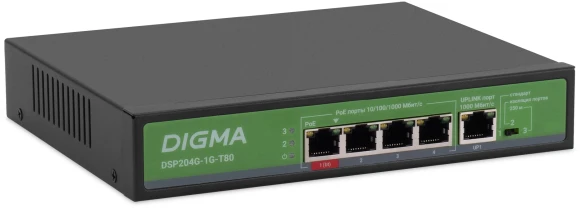 Коммутатор Digma DSP204G-1G-T80 (L2) 5x1Гбит/с 4PoE 4PoE+ 1PoE++ 80W неуправляемый Коммутатор Digma DSP204G-1G-T80 (L2) 5x1Гбит/с 4PoE 4PoE+ 1PoE++ 80W неуправляемый