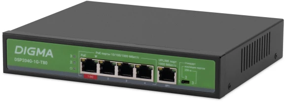 Коммутатор Digma DSP204G-1G-T80 (L2) 5x1Гбит/с 4PoE 4PoE+ 1PoE++ 80W неуправляемый Коммутатор Digma DSP204G-1G-T80 (L2) 5x1Гбит/с 4PoE 4PoE+ 1PoE++ 80W неуправляемый