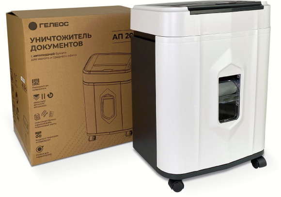 Шредер Heleos АП20-5 белый/черный с автоподачей (секр.P-5) фрагменты 131лист. 20лтр. скрепки скобы пл.карты Шредер Heleos АП20-5 белый/черный с автоподачей (секр.P-5) фрагменты 131лист. 20лтр. скрепки скобы пл.карты