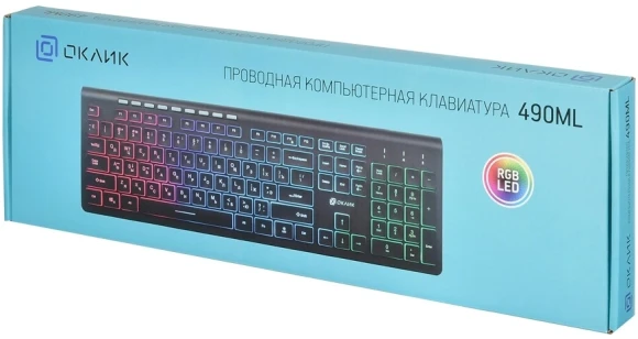 Клавиатура Оклик 490ML черный USB slim Multimedia LED (1067202) кабель 1.5м