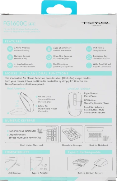 Числовой блок + мышь A4Tech Fstyler FG1600C Air клав:серый мышь:серый/черный USB беспроводная slim (FG1600C)