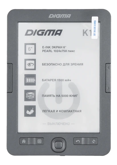 Электронная книга Digma K1 6" E-ink HD Pearl 758x1024 600MHz 128Mb/4Gb/SD/microSDHC темно-серый Электронная книга Digma K1 6" E-ink HD Pearl 758x1024 600MHz 128Mb/4Gb/SD/microSDHC темно-серый