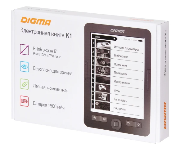 Электронная книга Digma K1 6" E-ink HD Pearl 758x1024 600MHz 128Mb/4Gb/SD/microSDHC темно-серый Электронная книга Digma K1 6" E-ink HD Pearl 758x1024 600MHz 128Mb/4Gb/SD/microSDHC темно-серый