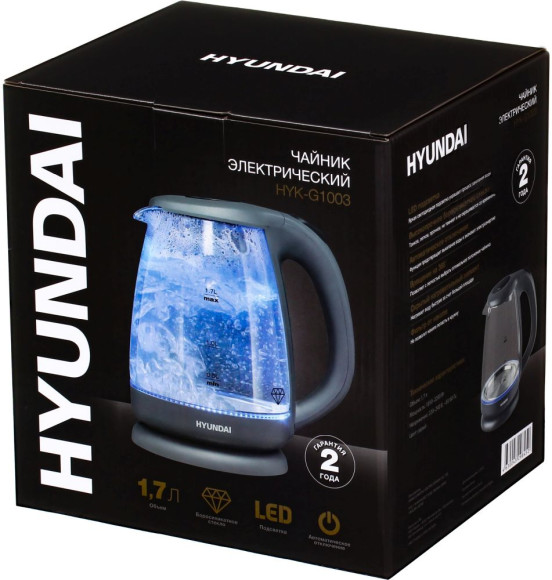 Чайник электрический Hyundai HYK-G1003 1.7л. 2200Вт серый корпус: стекло/пластик