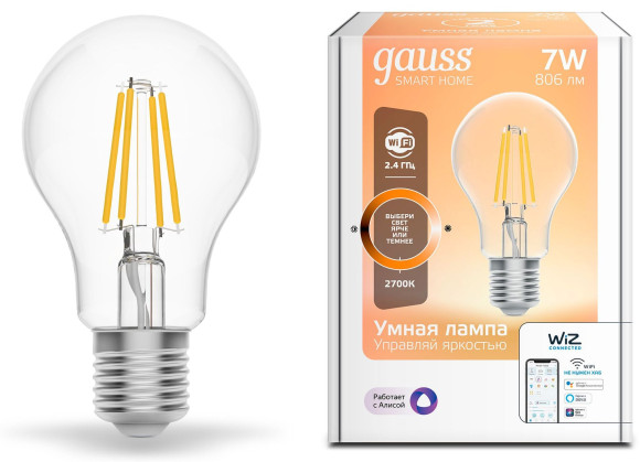 Умная лампа Gauss IoT Smart Home E27 6.5Вт 806lm Wi-Fi (упак.:1шт) (1200112) Умная лампа Gauss IoT Smart Home E27 6.5Вт 806lm Wi-Fi (упак.:1шт) (1200112)