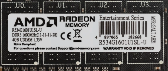 Память DDR3 4GB 1600MHz AMD R534G1601U1SL-U RTL PC3-12800 CL11 DIMM 240-pin 1.35В Ret