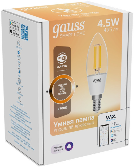 Умная лампа Gauss Smart Home C35 E14 4.5Вт 495lm (1230112) Умная лампа Gauss Smart Home C35 E14 4.5Вт 495lm (1230112)