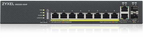 Коммутатор Zyxel GS2220-10HP-EU0101F (L2) 8x1Гбит/с 2xКомбо(1000BASE-T/SFP) 8PoE+ 180W управляемый Коммутатор Zyxel GS2220-10HP-EU0101F (L2) 8x1Гбит/с 2xКомбо(1000BASE-T/SFP) 8PoE+ 180W управляемый