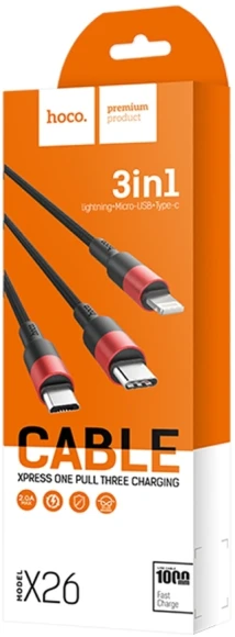 Кабель Hoco X26 Xpress one 80282 USB (m)-Lightning (m)/USB Type-C (m)/micro USB (m) 1м черный/красный