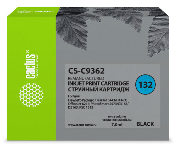 Картридж струйный Cactus CS-C9362 №132 черный (7мл) для HP DJ 5443/D4163/DJ 6215/PS 2573/C3183/D5163/PSC 1513 с чипом