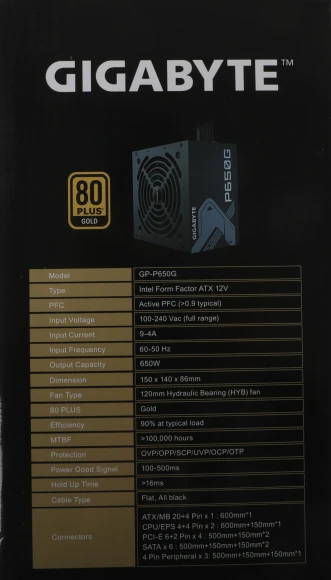 Блок питания Gigabyte ATX 650W GP-P650G 80+ gold (20+4pin) APFC 120mm fan 6xSATA RTL