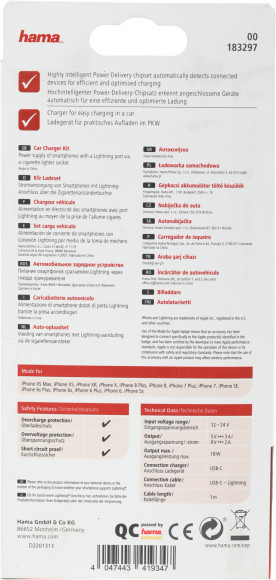 Автомобильное зар./устр. Hama H-183297 18W 3A (PD) USB Type-C для Apple белый (00183297)
