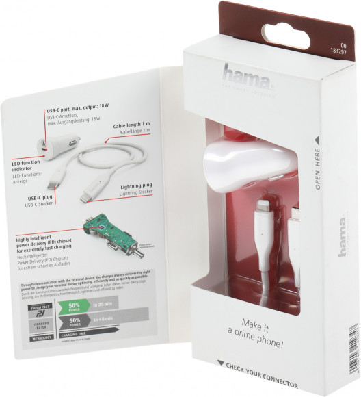 Автомобильное зар./устр. Hama H-183297 18W 3A (PD) USB Type-C для Apple белый (00183297)