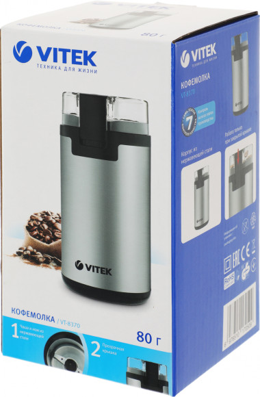 Кофемолка Vitek VT-8370 300Вт сист.помол.:ротац.нож вместим.:80гр стальной Кофемолка Vitek VT-8370 300Вт сист.помол.:ротац.нож вместим.:80гр стальной