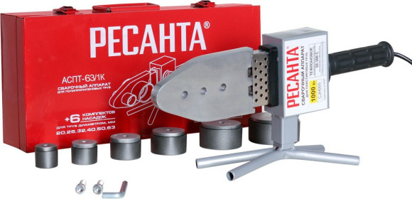 Сварочный аппарат для пластиковых труб Ресанта АСПТ-63/1К 1кВт Тмакс.:300 парн.насад. (кейс в компл.)