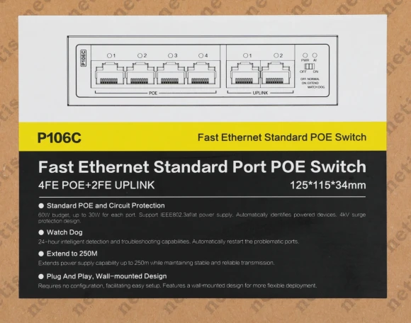 Коммутатор Netis P106C (L2) 6x100Мбит/с 4PoE+ 60W неуправляемый Коммутатор Netis P106C (L2) 6x100Мбит/с 4PoE+ 60W неуправляемый