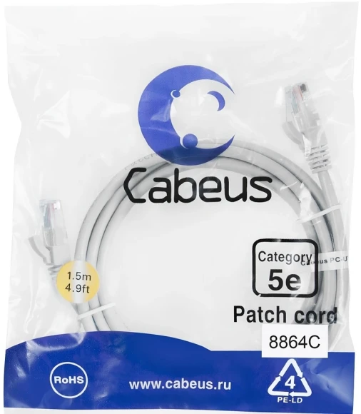 Патч-корд Cabeus PC-UTP-RJ45-CAT.5E-10M-LSZH U/UTP RJ-45 вил.-вилка RJ-45 кат.5E 10м серый LSZH