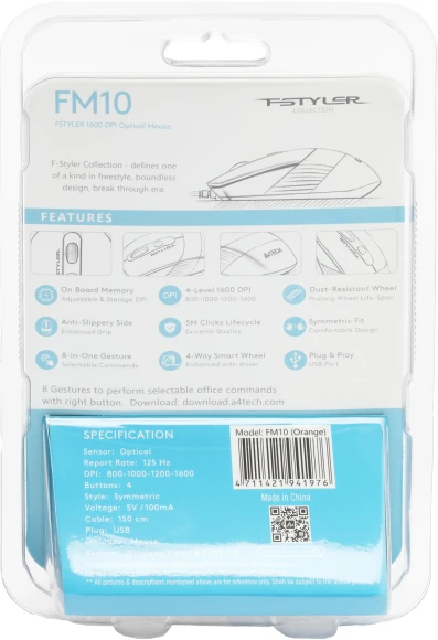 Мышь A4Tech Fstyler FM10 черный/оранжевый оптическая 1600dpi USB 4but (FM10 ORANGE) Мышь A4Tech Fstyler FM10 черный/оранжевый оптическая 1600dpi USB 4but (FM10 ORANGE)