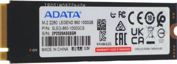Накопитель SSD A-Data PCIe 4.0 x4 1TB SLEG-860-1000GCS Legend 860 M.2 2280 Накопитель SSD A-Data PCIe 4.0 x4 1TB SLEG-860-1000GCS Legend 860 M.2 2280