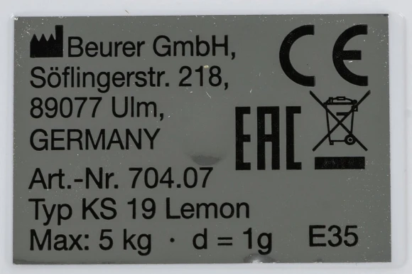 Весы кухонные электронные Beurer KS19 lemon макс.вес:5кг рисунок Весы кухонные электронные Beurer KS19 lemon макс.вес:5кг рисунок