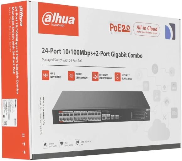 Коммутатор Dahua DH-CS4226-24ET-240 (L2) 24x100Мбит/с 2x1Гбит/с 2xКомбо(1000BASE-T/SFP) 240W управляемый Коммутатор Dahua DH-CS4226-24ET-240 (L2) 24x100Мбит/с 2x1Гбит/с 2xКомбо(1000BASE-T/SFP) 240W управляемый