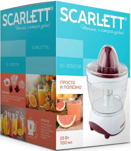 Соковыжималка цитрусовая Scarlett SC-JE50C06 25Вт рез.сок.:700мл. белый/коричневый Соковыжималка цитрусовая Scarlett SC-JE50C06 25Вт рез.сок.:700мл. белый/коричневый
