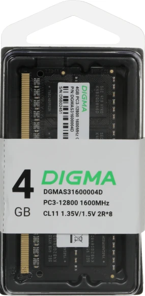 Память DDR3 4GB 1600MHz Digma DGMAS31600004D RTL PC3-12800 CL11 SO-DIMM 204-pin 1.35В dual rank Ret