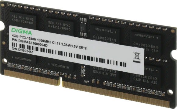 Память DDR3 4GB 1600MHz Digma DGMAS31600004D RTL PC3-12800 CL11 SO-DIMM 204-pin 1.35В dual rank Ret