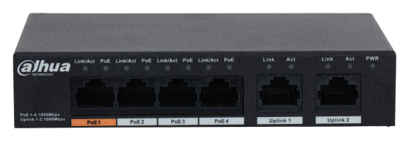 Коммутатор Dahua DH-PFS3006-4GT-60 4x100Мбит/с 3PoE+ 1PoE++ 60W неуправляемый