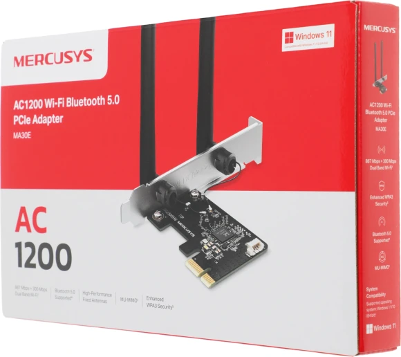 Сетевой адаптер Wi-Fi + Bluetooth Mercusys MA30E AC1200 PCI Express (ант.внеш.несъем.) 2ант.