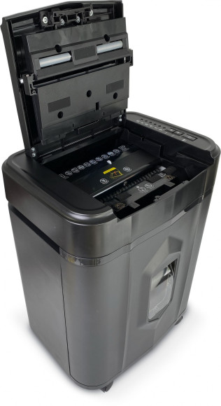 Шредер Heleos АП20-4 черный с автоподачей (секр.P-4) фрагменты 131лист. 20лтр. скрепки скобы пл.карты