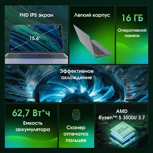 Ноутбук Digma Pro Cursus Ryzen 5 3500U 16Gb SSD512Gb AMD Radeon Vega 8 15.6" IPS FHD (1920x1080) Windows 11 Pro grey WiFi BT Cam 5500mAh (DN15R5-ADXW10)