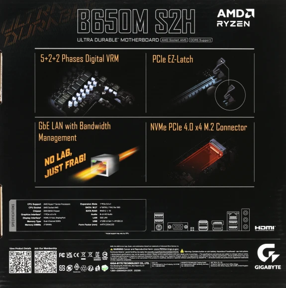Материнская плата Gigabyte B650M S2H Socket AM5 AMD B650 2xDDR5 mATX AC`97 8ch(7.1) GbLAN RAID+VGA+HDMI+DP