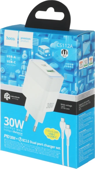 Сетевое зар./устр. Hoco CS112A Lounge PD30W+QC3.0 with cable 30W 3A (PD+QC) универсальное белый (80417)