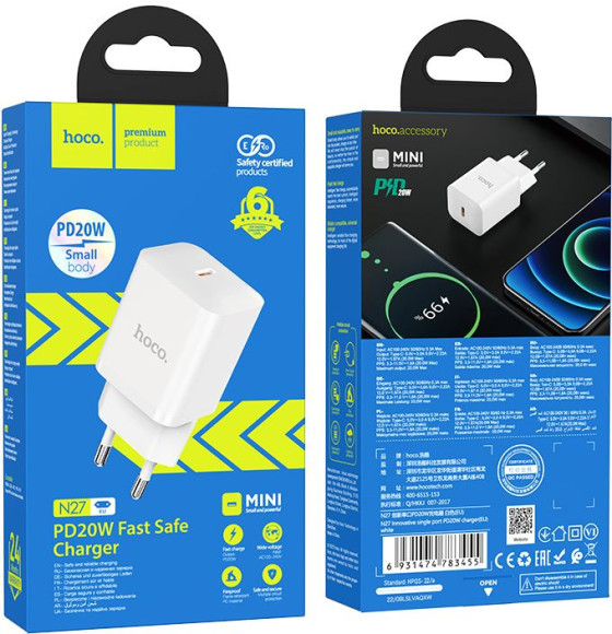Сетевое зар./устр. Hoco N27 White 20W 3A+2.22A+1.67A (PD+QC+AFC) USB-C универсальное белый