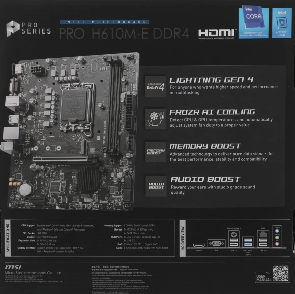 Материнская плата MSI PRO H610M-E DDR4 Soc-1700 Intel H610 2xDDR4 mATX AC`97 8ch(7.1) GbLAN+VGA+HDMI Материнская плата MSI PRO H610M-E DDR4 Soc-1700 Intel H610 2xDDR4 mATX AC`97 8ch(7.1) GbLAN+VGA+HDMI