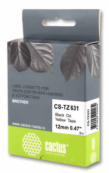 Картридж ленточный Cactus CS-TZ631 TZe-631 черный на желтом 12x8 для Brother 1010/1260VP/1830VP/9700PC