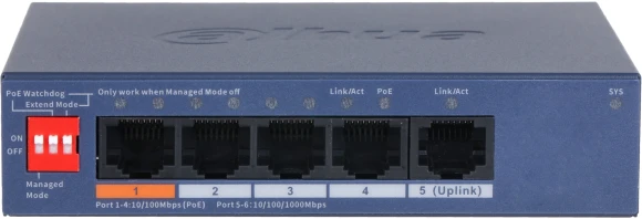 Коммутатор Dahua DH-CS4005-4ET1GT-60 (L2) 4x100Мбит/с 1x1Гбит/с 4PoE 60W управляемый