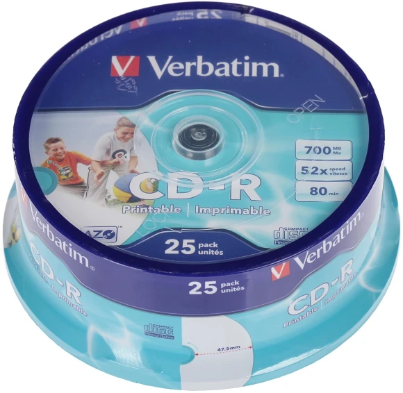 Диск CD-R Verbatim 700Mb 52x Cake Box (25шт) Printable (43439)