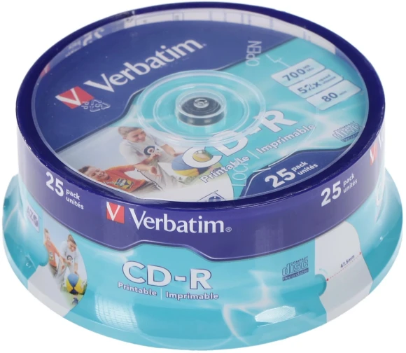 Диск CD-R Verbatim 700Mb 52x Cake Box (25шт) Printable (43439)