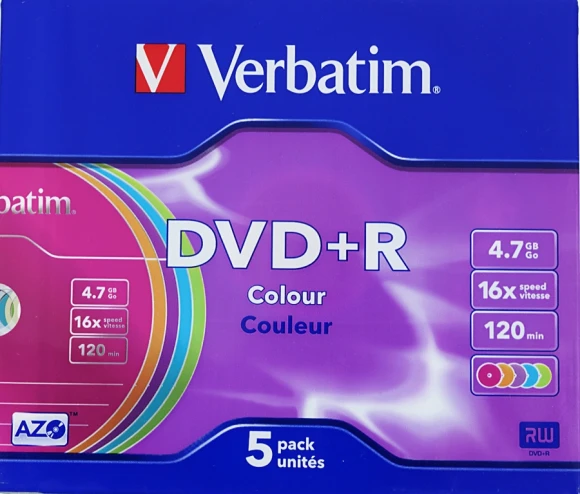 Диск DVD+R Verbatim 4.7Gb 16x Slim case (5шт) Color (43556)