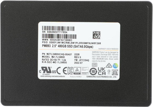 Накопитель SSD Samsung SATA-III 480GB MZ7L3480HCHQ-00A07 PM893 2.5" 1 DWPD OEM