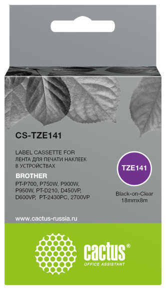 Картридж ленточный Cactus CS-TZE141 TZe-141 черный на прозрачном 18x8 для Brother PT-P700, P750W, P900W, P950W, PT-D210, D450VP, D600VP, PT-2430PC, 2700VP