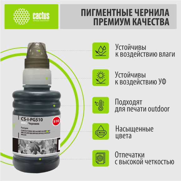 Чернила Cactus CS-I-PG510 черный пигментный 100мл для Canon Pixma MP240/MP250/MP260/MP270 Чернила Cactus CS-I-PG510 черный пигментный 100мл для Canon Pixma MP240/MP250/MP260/MP270